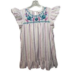 August Sky Womens Purple Striped Floral Boho Embroidered Ruffle Mini Dress L
